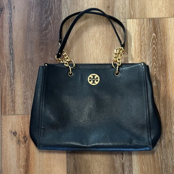 Black Leather Tory Burch Everly Tote Bag - Picture 1 of 6